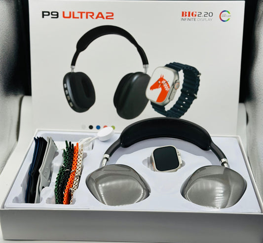 Headphones and smartwatch set with accessories on a white background